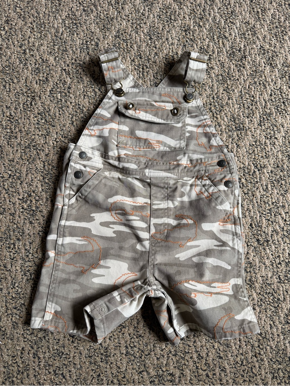 Janie and Jack Camo Short Overalls with Orange Alligator Stitching